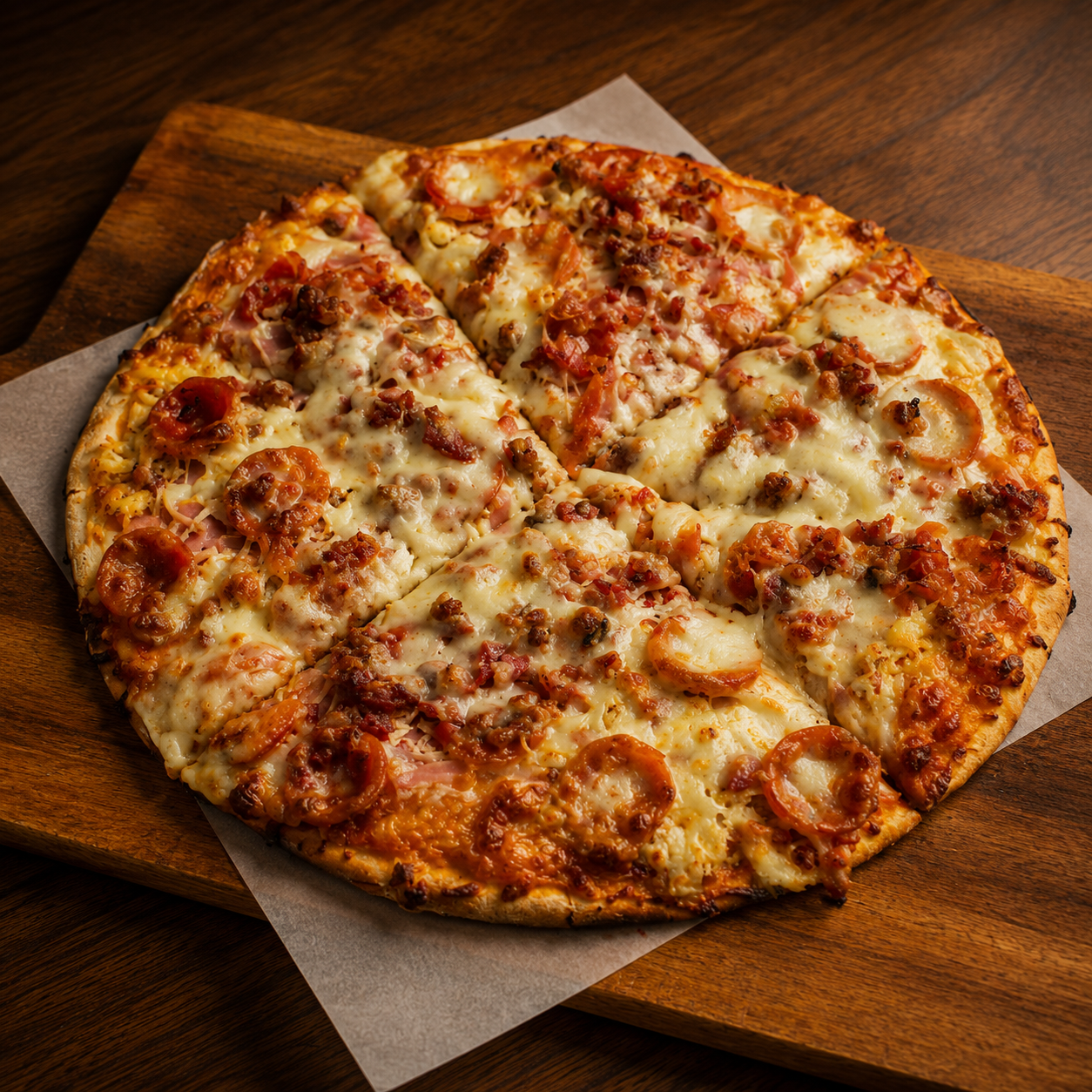 Pizza 4 Carnes — jamón, pollo, chorizo, tocineta y queso