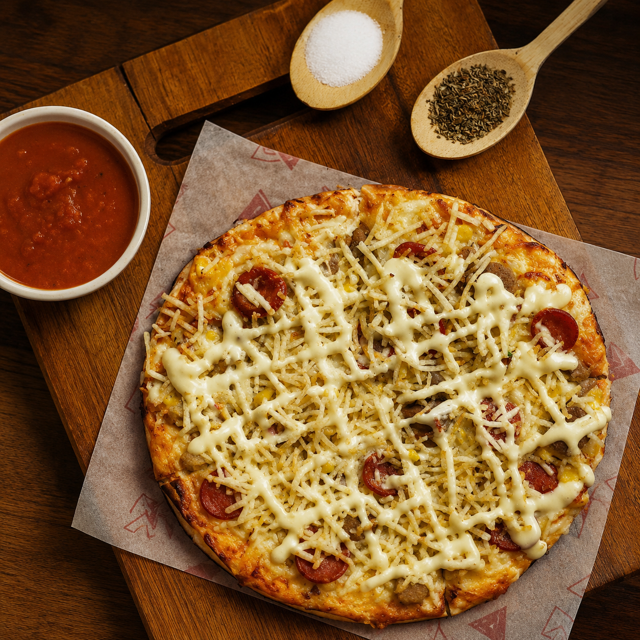 Pizza Callejera — salchicha, maíz, butifarra y papa rippio